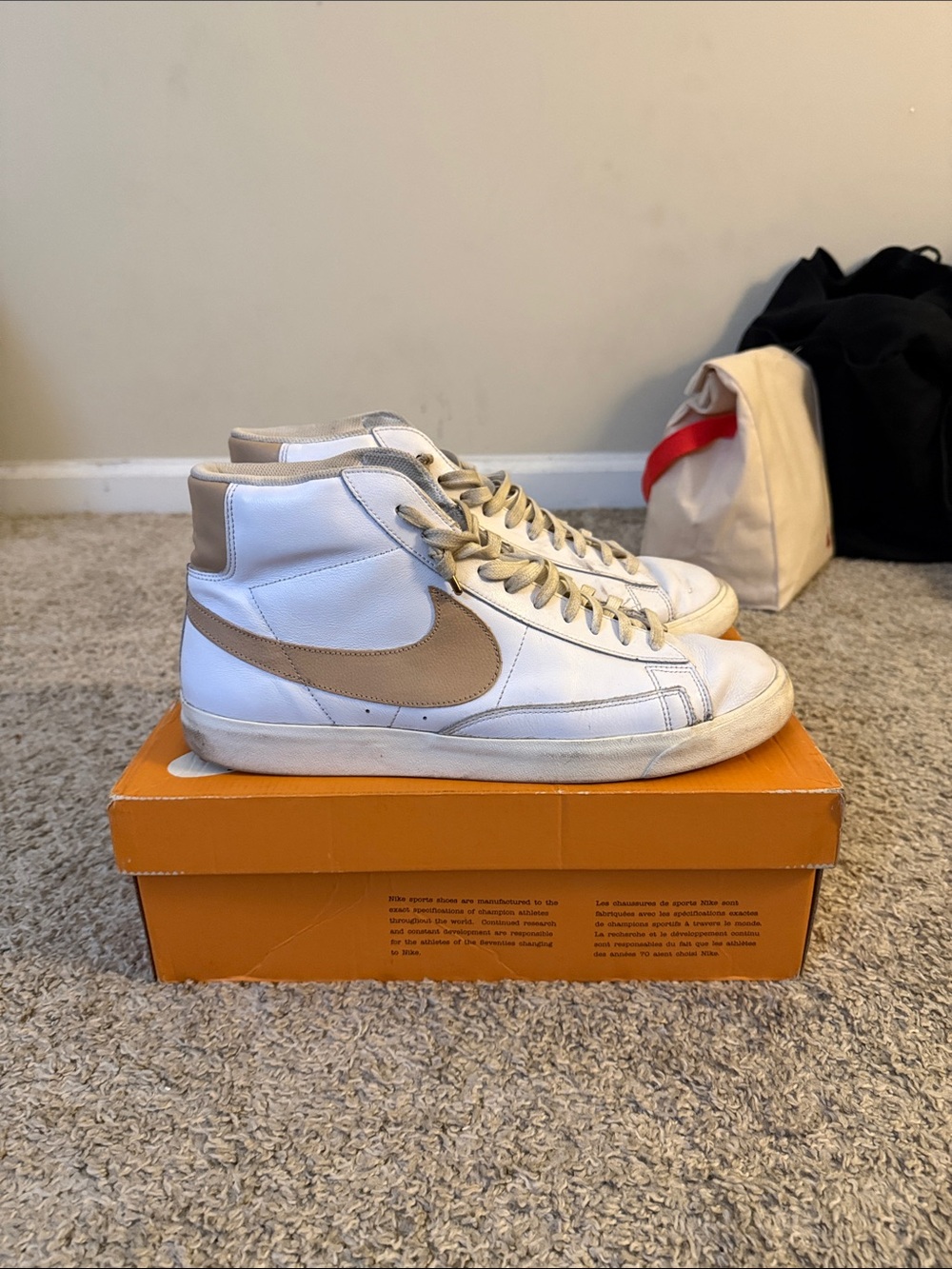 Nike High-Top Sneakers in White and Tan Swoosh